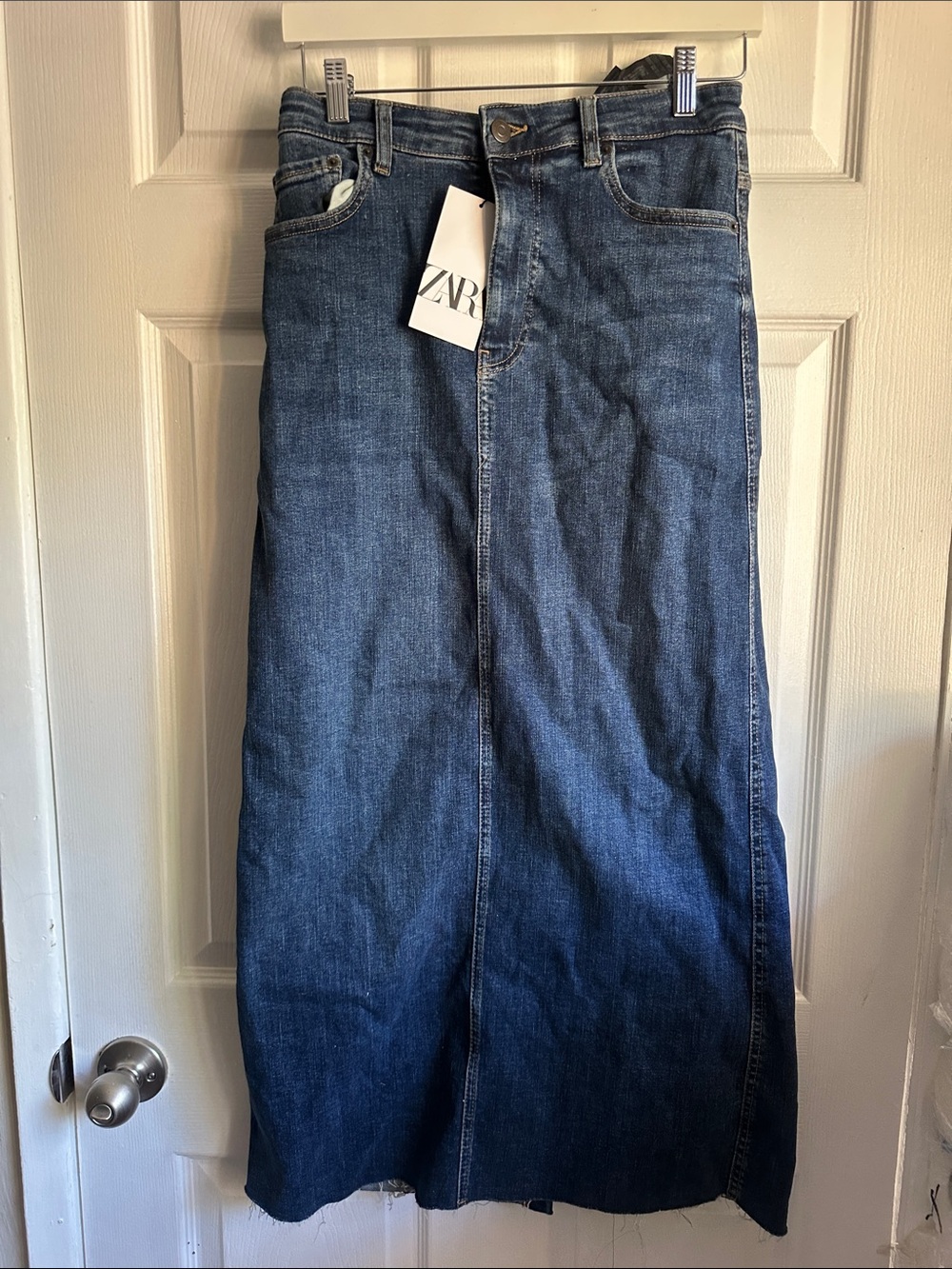 Zara Dark Blue Denim Midi Skirt with Back Slit